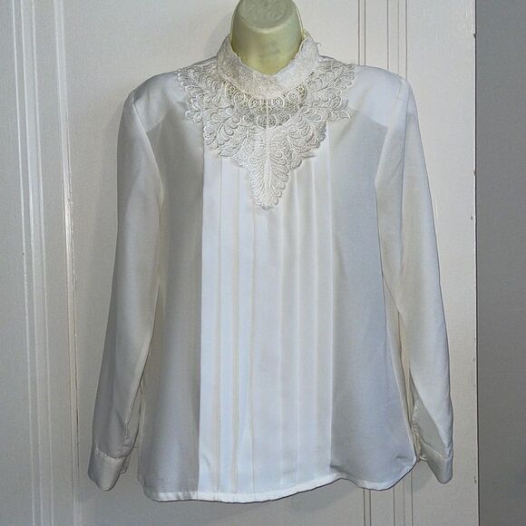 Vtg 80s/90s Liz Baker Essentials white lace bodice high neck polyester blouse - Picture 1 of 12